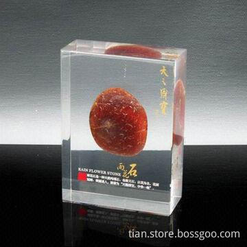 Acrylic desk paperweight with stone embedment for souvenir